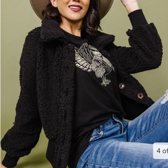 Black Sherpa Button Down Bomber Jacket- HYFVE - Picture 3 of 12